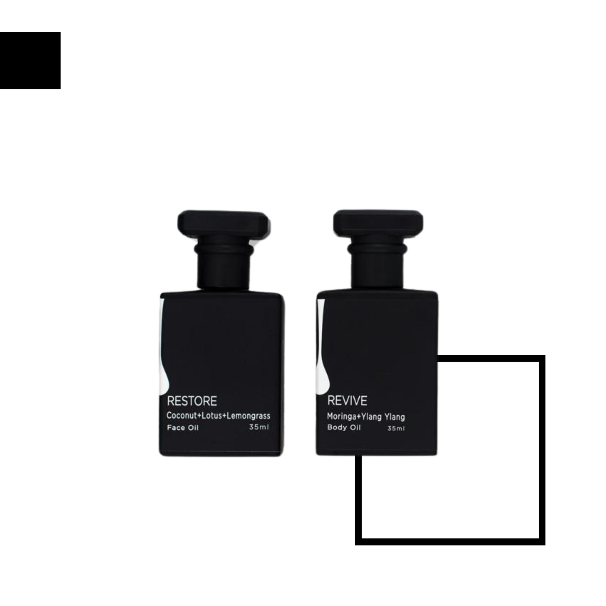 Two THE SPA LAB black bottles labeled 'Restore' and 'Revive' on a white background showing face oil and body oil